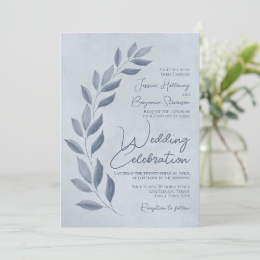 Invitation Script moderne Dusty Blue & Pewer Feuille Mariage (Debout devant)