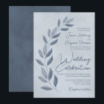 Invitation Script moderne Dusty Blue & Pewer Feuille Mariage<br><div class="desc">Ces faire-part de mariage présentent un design moderne avec du texte justifié droit et une poignée de feuilles peints à la main dans les tons bleu acier et étain. Le lettrage comporte une police de caractères moderne et l'arrière - plan bleu marbré ajoute de la texture et de la profondeur....</div>