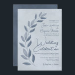 Invitation Script moderne Dusty Blue & Pewer Feuille Mariage<br><div class="desc">Ces faire-part de mariage présentent un design moderne avec du texte justifié droit et une poignée de feuilles peints à la main dans les tons bleu acier et étain. Le lettrage comporte une police de caractères moderne et l'arrière - plan bleu marbré ajoute de la texture et de la profondeur....</div>