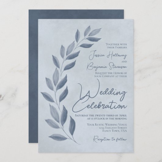 Invitation Script moderne Dusty Blue & Pewer Feuille Mariage (Devant / Derrière)