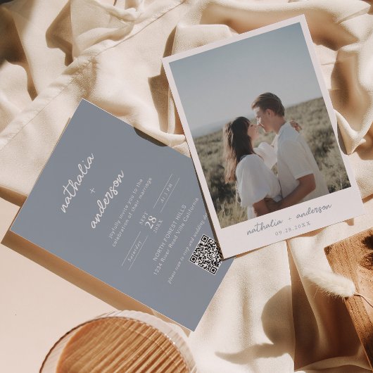 Invitation Script moderne Dusty Blue Photo QR Code Mariage
