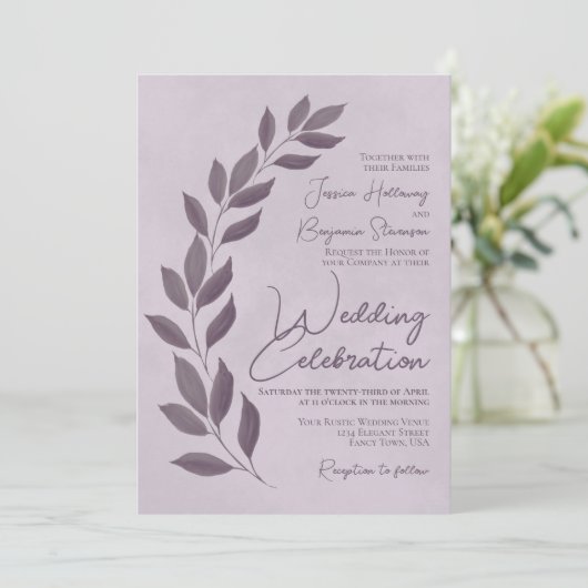 Invitation Script moderne Dusty Purple Feuille Mariage (Debout devant)