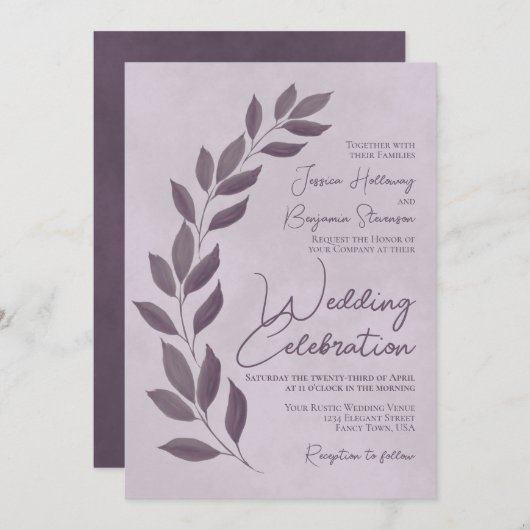 Invitation Script moderne Dusty Purple Feuille Mariage (Devant / Derrière)