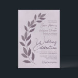 Invitation Script moderne Dusty Purple Feuille Mariage<br><div class="desc">Ces faire-part de mariage présentent un design moderne avec un texte justifié droit et une pointe de feuilles peints à la main dans les tons lilas et prune. Le lettrage est composé d'une police de caractères moderne et l'arrière - plan en marbre violet foncé ajoute de la texture et de...</div>