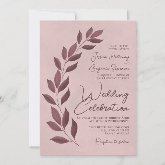 Invitation Script moderne Dusty Rose & Mauve Feuille Mariage (Devant)