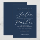 Invitation Script moderne élégant Mariage bleu marine (Devant / Derrière)