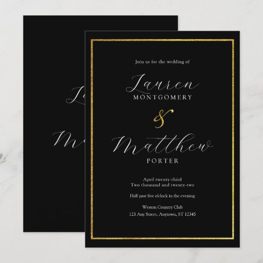 Invitation Script moderne élégant Mariage noir et or (Devant / Derrière)