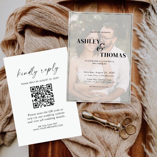 Invitation Script moderne élégant QR Code photo RSVP mariage