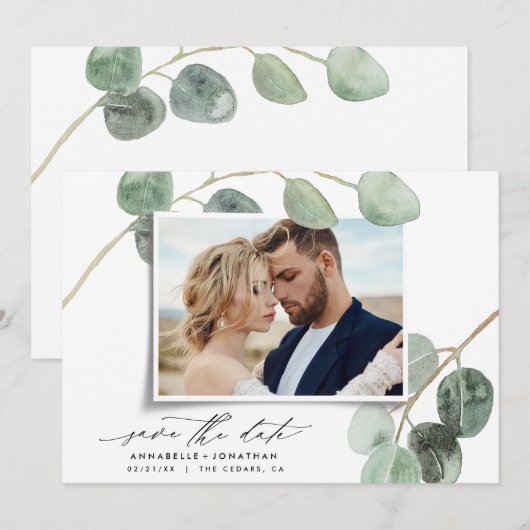 Invitation Script moderne élégante photo vintage eucalyptus (Devant / Derrière)