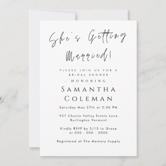 Invitation Script moderne Elle se marie Fête des mariées (Devant)