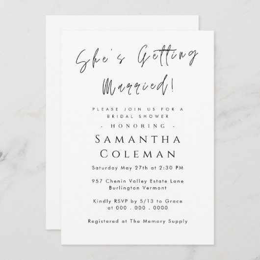 Invitation Script moderne Elle se marie Fête des mariées (Devant / Derrière)