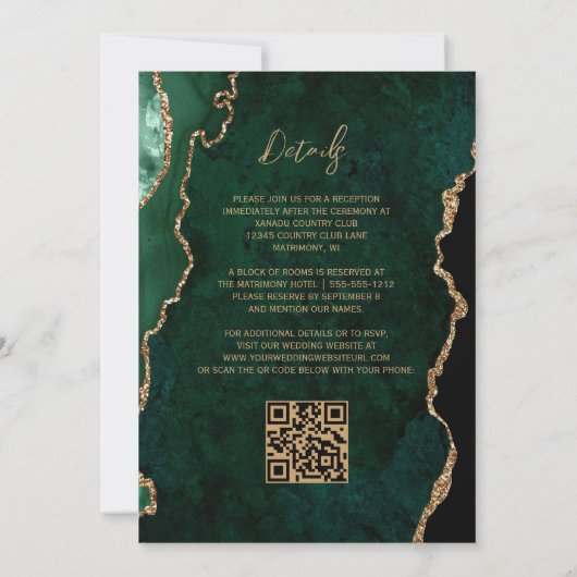 Invitation Script moderne Emerald Green Agate QR Code Mariage (Dos)