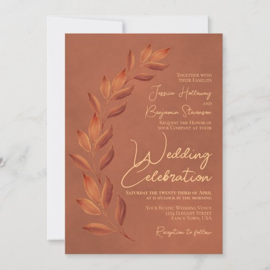 Invitation Script moderne et feuilles d'automne Mariage en te (Devant)