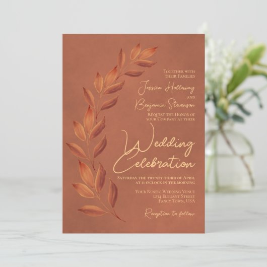 Invitation Script moderne et feuilles d'automne Mariage en te (Debout devant)