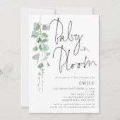 Invitation Script moderne Eucalyptus bébé dans douche en fleu (Devant)