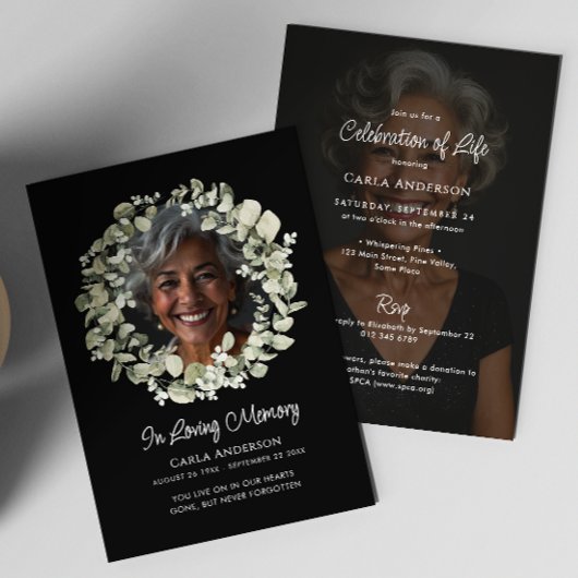 Invitation Script moderne Eucalyptus Photo Funérailles/Mémori