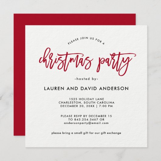 Invitation Script moderne | Fête de Noël rouge et blanc (Devant / Derrière)