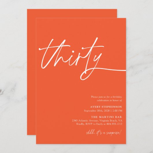 Invitation Script moderne fête du trentième anniversaire (Devant / Derrière)