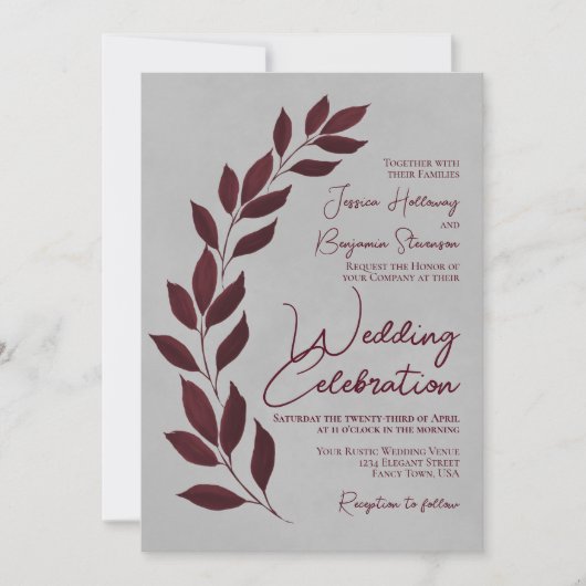 Invitation Script moderne Feuilles de Bourgogne sur Mariage g (Devant)