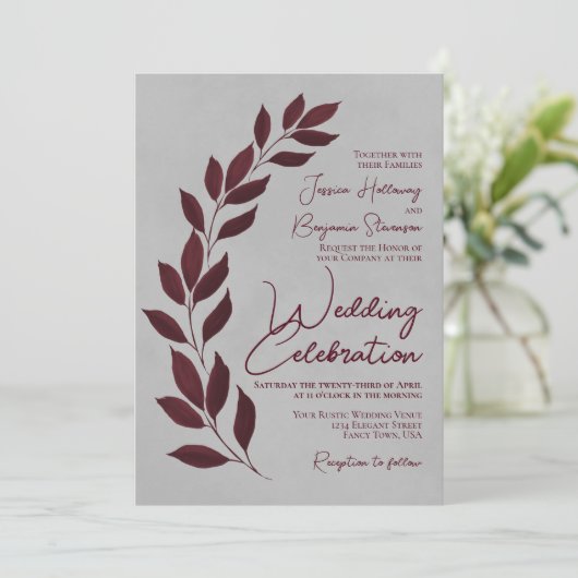 Invitation Script moderne Feuilles de Bourgogne sur Mariage g (Debout devant)