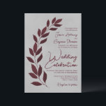 Invitation Script moderne Feuilles de Bourgogne sur Mariage g<br><div class="desc">Ces faire-part de mariage présentent un design moderne avec un texte justifié droit et une pointe de feuilles peints à la main dans les tons bordeaux ou marron. Le lettrage comporte une police de caractères moderne et l'arrière - plan bordeaux marbré ajoute texture et profondeur. Simple, rustique, unique et chic,...</div>