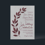 Invitation Script moderne Feuilles de Bourgogne sur Mariage g<br><div class="desc">Ces faire-part de mariage présentent un design moderne avec un texte justifié droit et une pointe de feuilles peints à la main dans les tons bordeaux ou marron. Le lettrage comporte une police de caractères moderne et l'arrière - plan bordeaux marbré ajoute texture et profondeur. Simple, rustique, unique et chic,...</div>