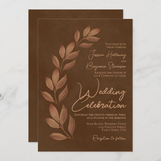 Invitation Script moderne & Feuilles de chute Châtaigner Mari (Devant / Derrière)