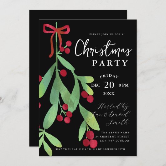 Invitation Script moderne Floral Mistletoe Xmas Fête Noir (Devant / Derrière)