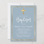 Invitation Script moderne Gold Cross Dusty Blue Boy Baptême (Devant)
