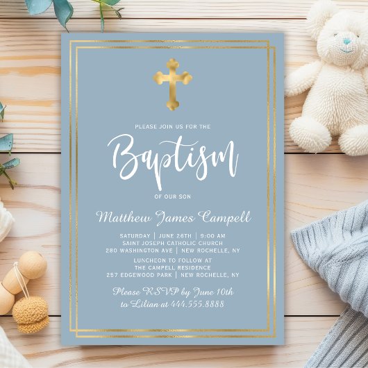 Invitation Script moderne Gold Cross Dusty Blue Boy Baptême
