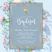 Invitation Script moderne Gold Cross Dusty Blue Boy Baptême