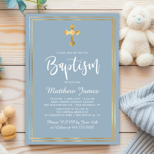 Invitation Script moderne Gold Cross Dusty Blue Boy Baptême