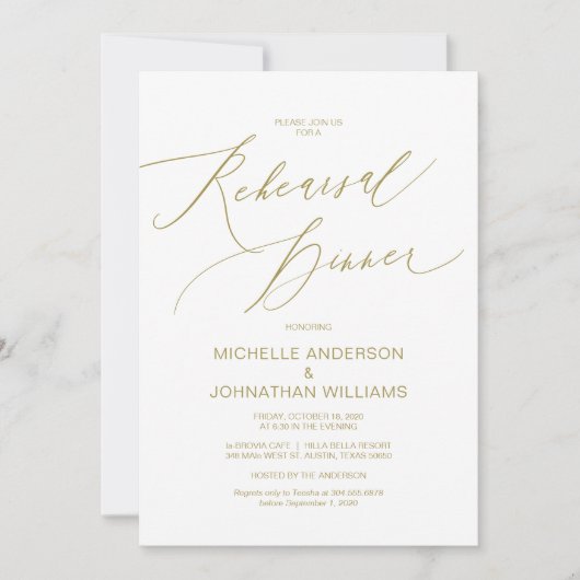 Invitation Script moderne, Gold, Dîner de répétition Mariage (Devant)