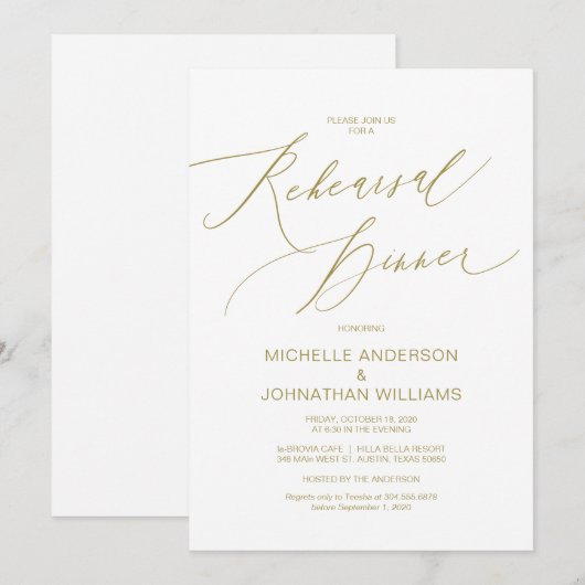 Invitation Script moderne, Gold, Dîner de répétition Mariage (Devant / Derrière)
