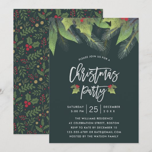 Invitation Script moderne Green Holly Leaf fête de Noël (Devant / Derrière)