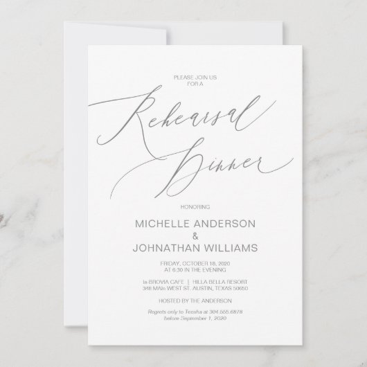 Invitation Script moderne, Gris, Dîner de répétition Mariage (Devant)