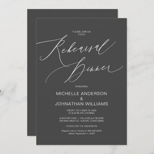 Invitation Script moderne, Gris foncé, Dîner de répétition Ma (Devant / Derrière)