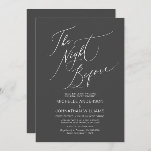 Invitation Script moderne, Gris foncé, Dîner de répétition Ma (Devant / Derrière)