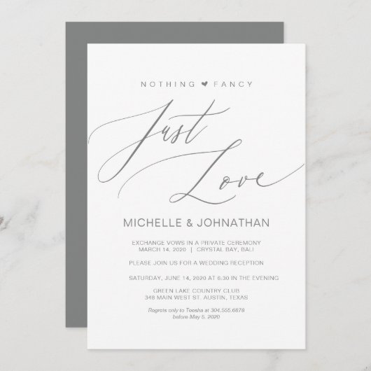Invitation Script Moderne, Gris, Réception Mariage Elopement (Devant / Derrière)