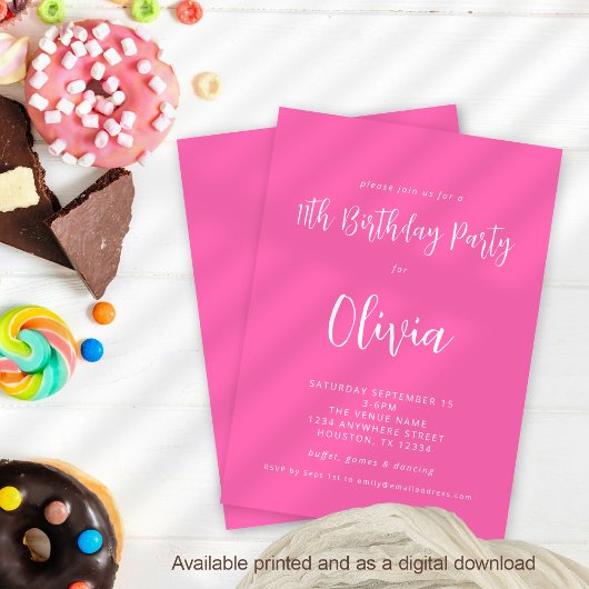 Invitation Script moderne Hot rose 11e fête d'anniversaire