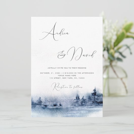 Invitation Script moderne Indigo Watercolor Mariage paysager (Debout devant)