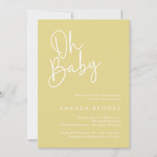 Invitation Script moderne Jaune Oh Baby Baby shower simple (Devant)