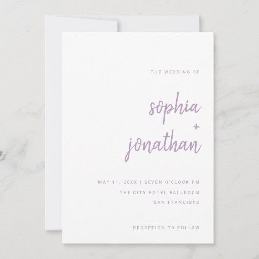 Invitation Script moderne | Mariage blanc et lavande (Devant)