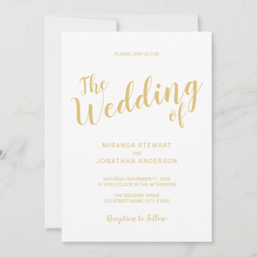 Invitation Script moderne Mariage blanc et or (Devant)