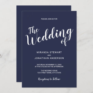 Invitation Script moderne Mariage bleu marine marine