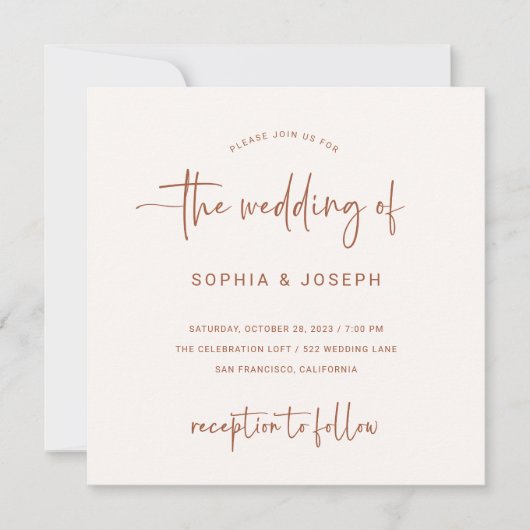 Invitation Script moderne | Mariage en terre cuite et crème (Devant)