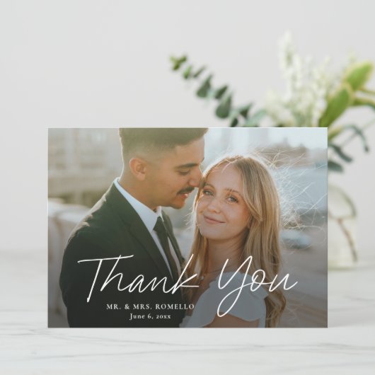 Invitation Script moderne Mariage photo simple Merci (Debout devant)