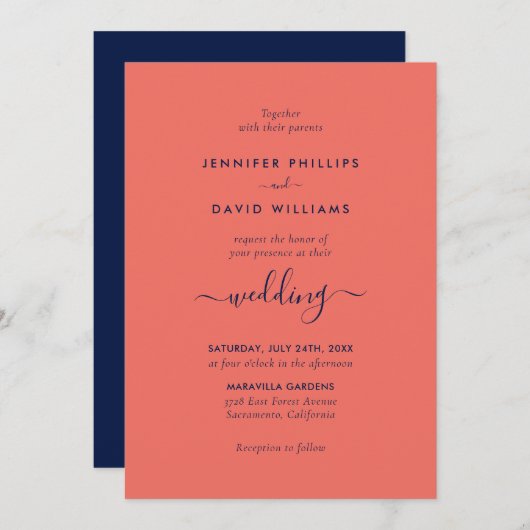 Invitation Script moderne Marine bleu et Mariage de corail (Devant / Derrière)