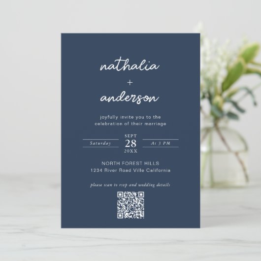 Invitation Script moderne Marine Bleu Photo QR Code Mariage (Debout devant)