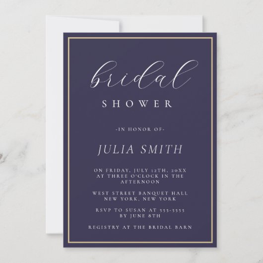 Invitation Script moderne Marine Blue Bridal Showeuse Invitat (Devant)